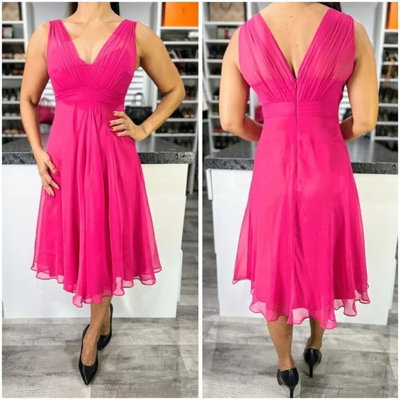 L.K. Bennett Magenta Pink Chiffon Barbiecore Midi Dress $410